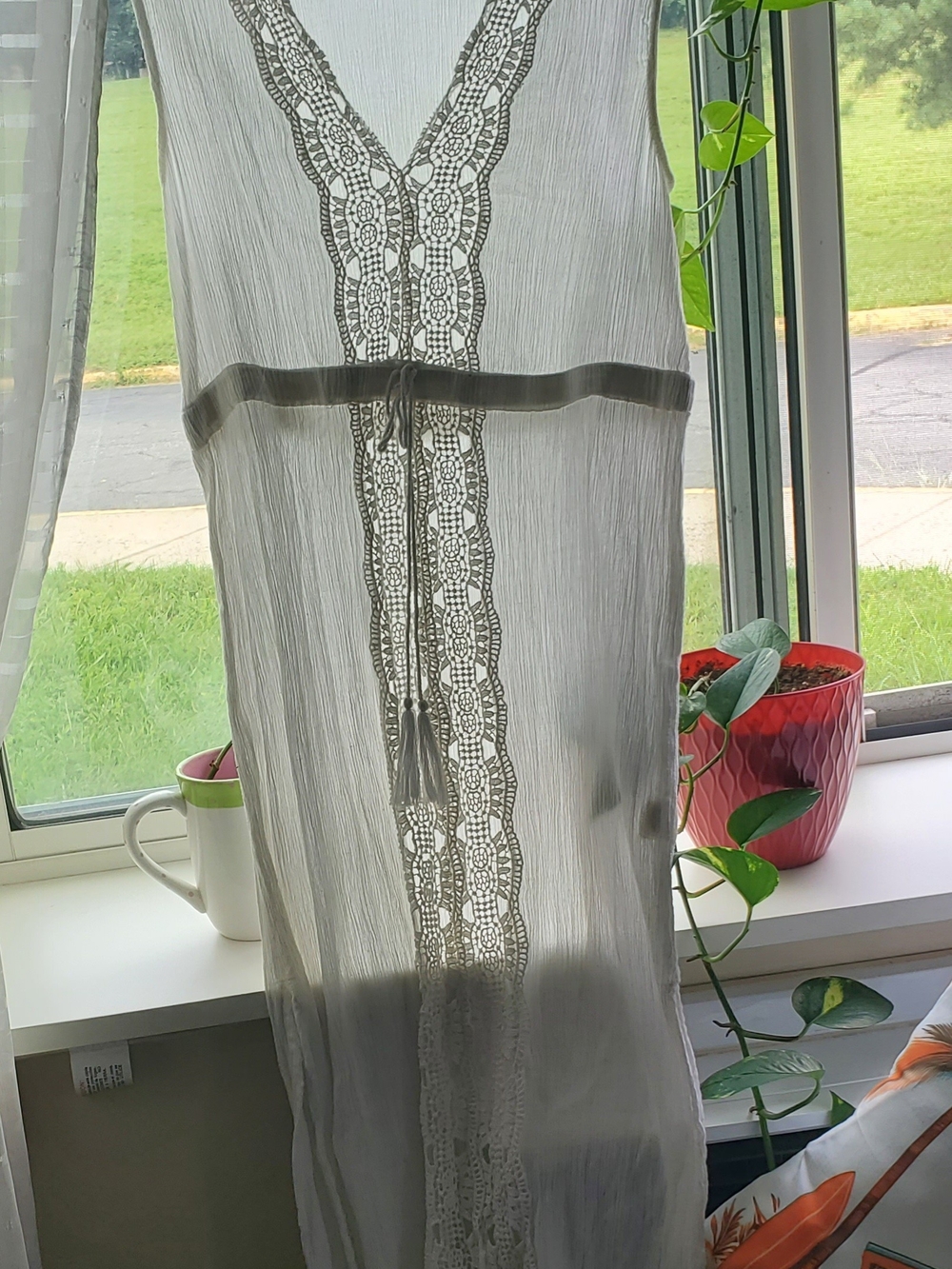 Sheer White Lace-Trim Swim Coverup with Tassel Tie